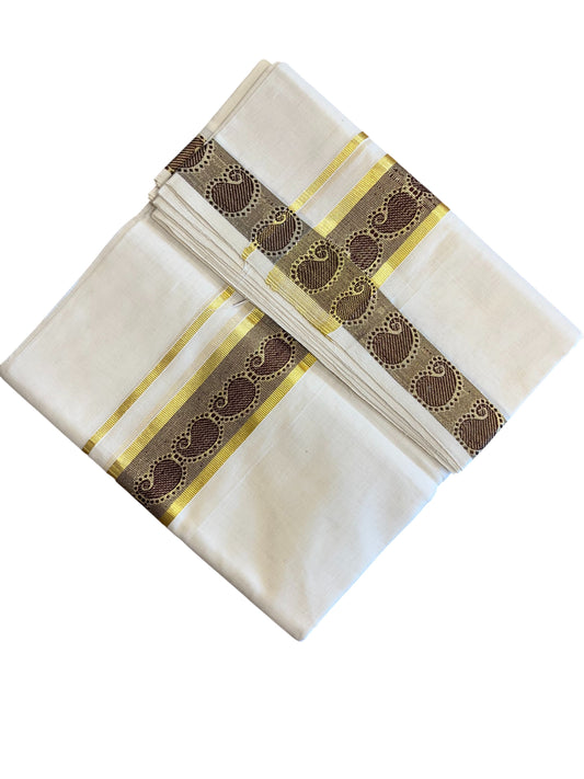 Southloom Premium Balaramapuram Handloom Wedding Mundu with Brown and Kasavu Woven Border (South Indian Kerala Dhoti)