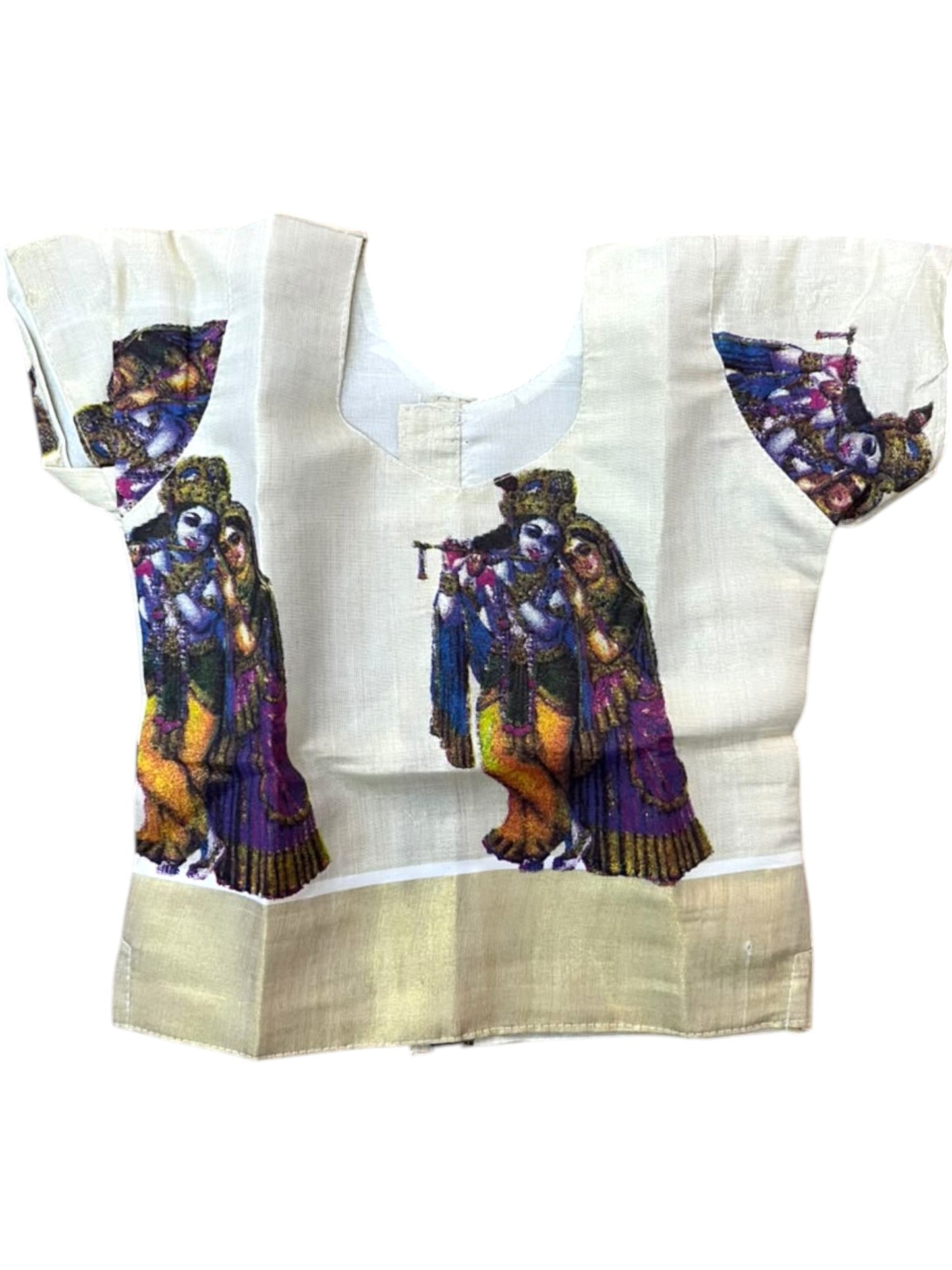 Southloom Kerala Tissue Kasavu Krishna Radha Digital Printed Pavada & Blouse with for Kids