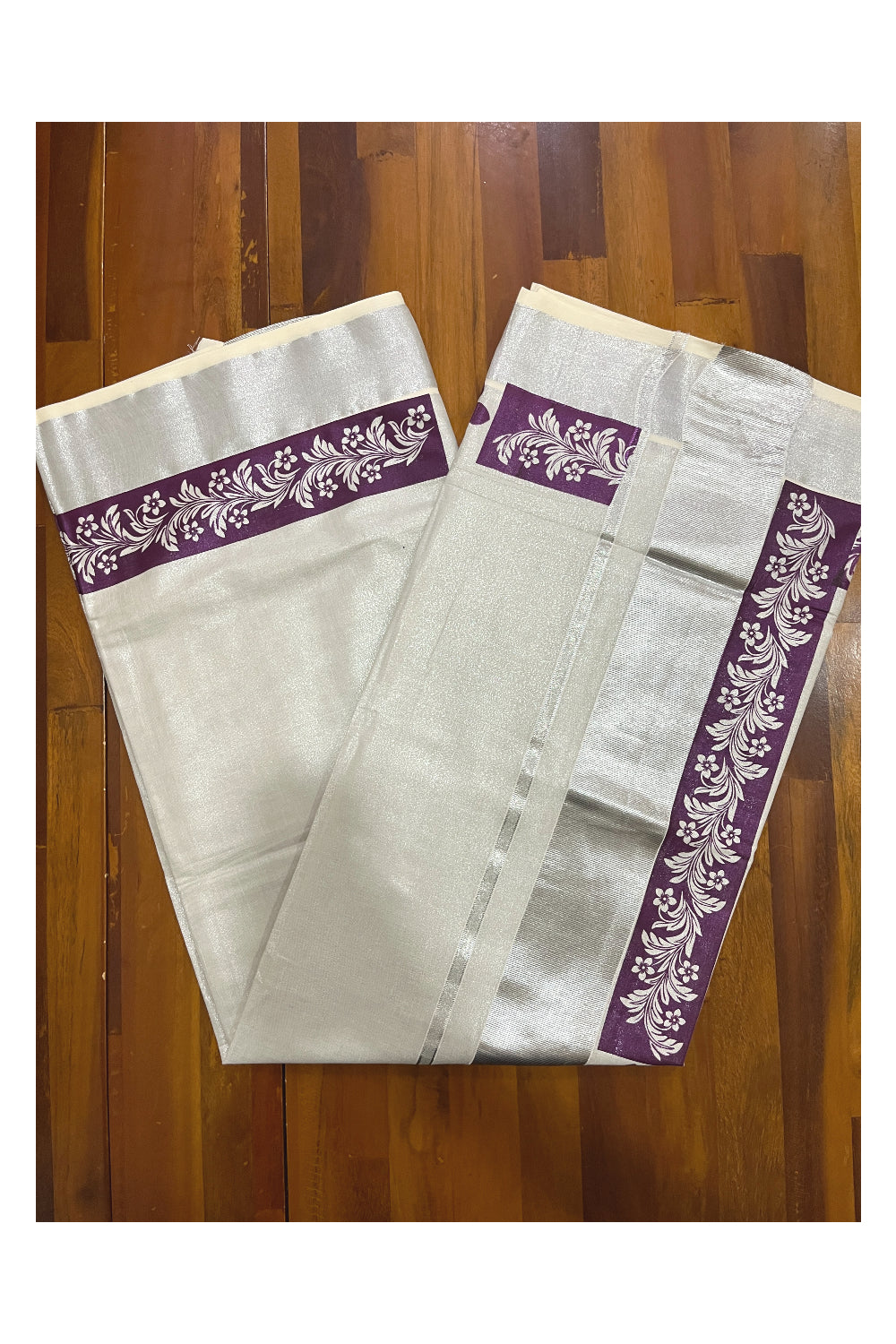 Kerala Silver Tissue Kasavu Saree with Purple Floral Block Prints and Silver Border