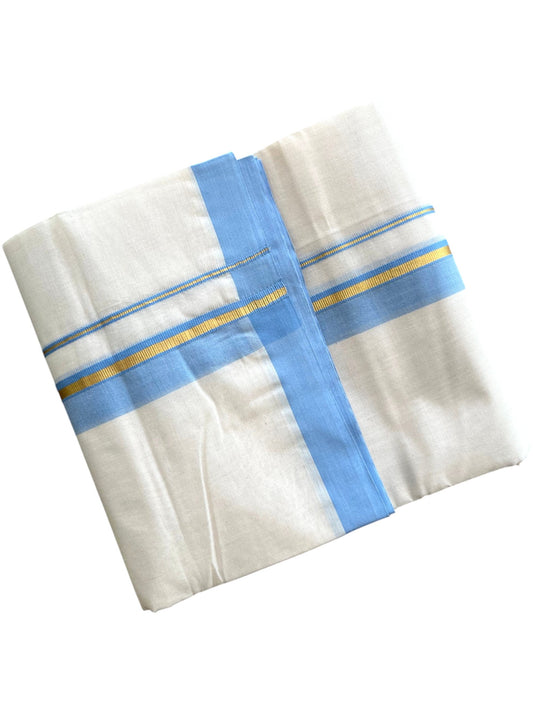 Southloom Pure Cotton Mundu with Golden Lines and Blue Border (South Indian Kerala Dhoti)