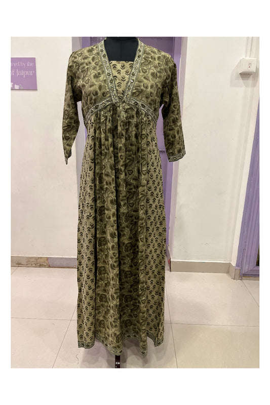 Southloom Stitched Cotton Kurti in Olive Green Printed Designs