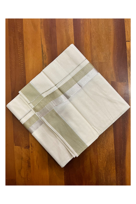 Off White Kerala Cotton Double Mundu with Silver Kasavu and Pastel Green Border (South Indian Kerala Dhoti)