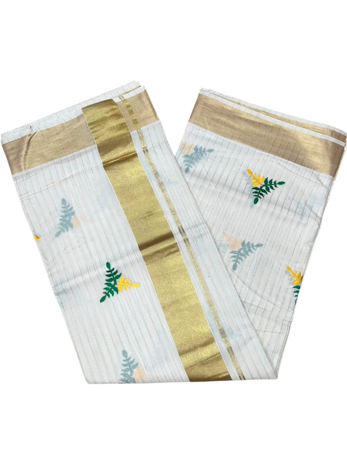 Southloom Kerala Cotton Kasavu Line Saree with Green & Yellow Floral Embroidery Works