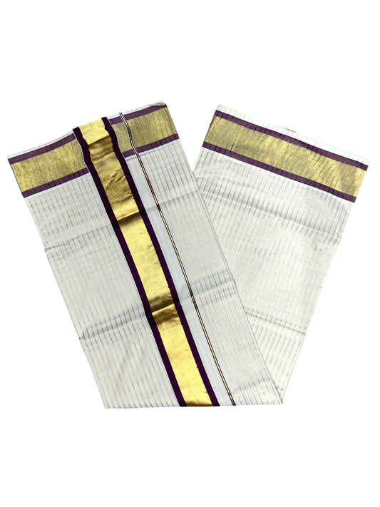 Southloom Pure Cotton Kerala Saree with Gold Kasavu Lines Across Body and purple Border