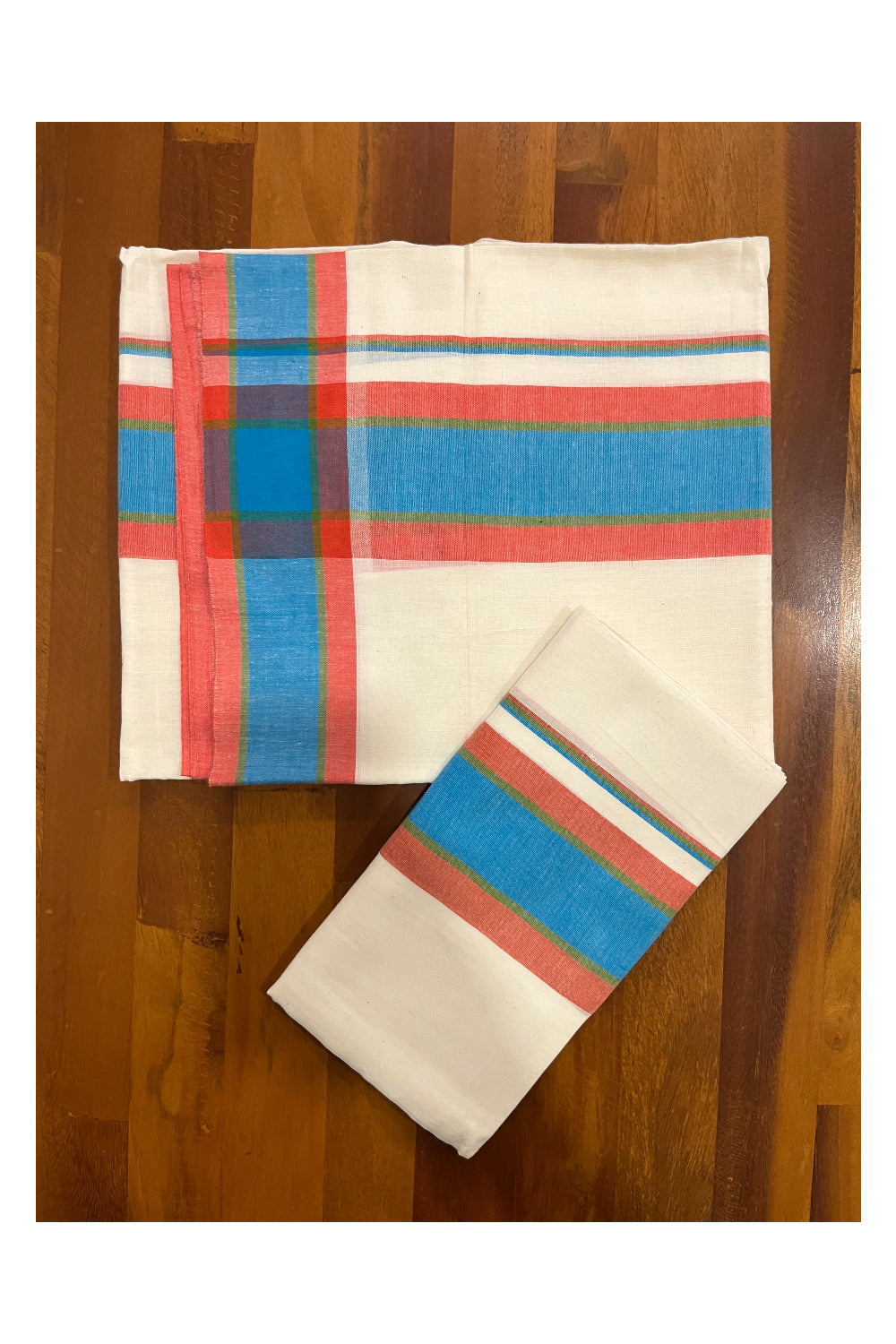 Pure Cotton Mundum Neriyathum Double (Set Mundu) with Blue and Red Border