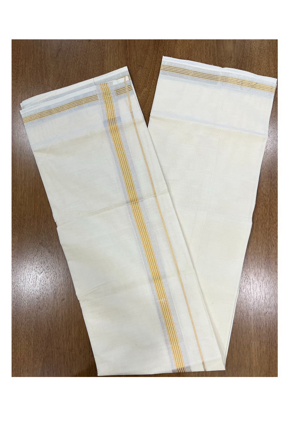 Pure Cotton Off White Double Mundu with Silver and Gold Kasavu Lines Kara (South Indian Kerala Dhoti)