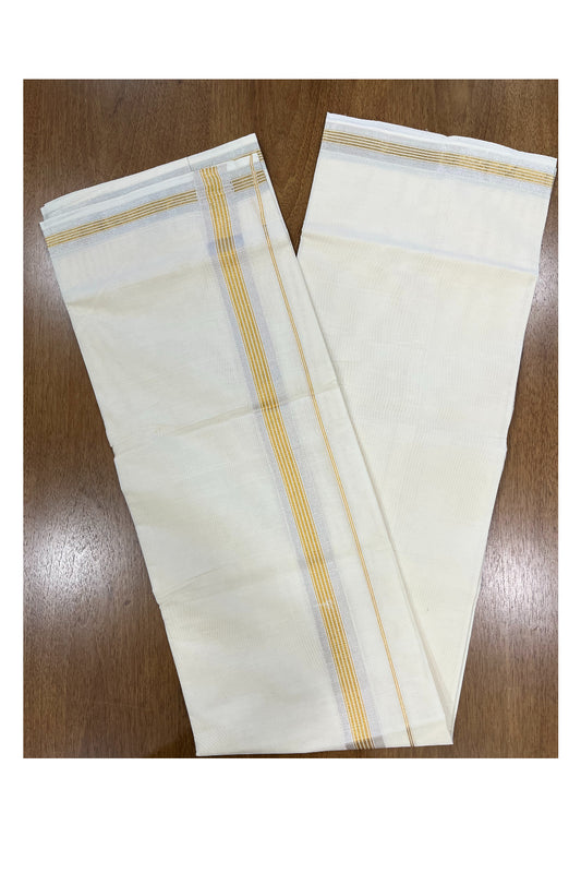 Pure Cotton Off White Double Mundu with Silver and Gold Kasavu Lines Kara (South Indian Kerala Dhoti)