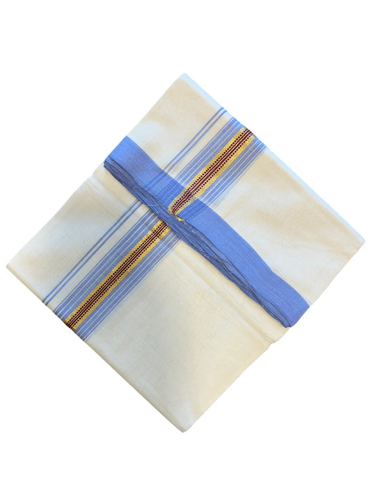 Southloom Premium Handloom Cotton Double Mundu with Gold and Blue Border