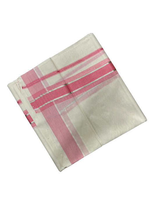 Southloom Kerala Pure Cotton Double Mundu with Silver Lines & Pink Border (South Indian Dhoti)