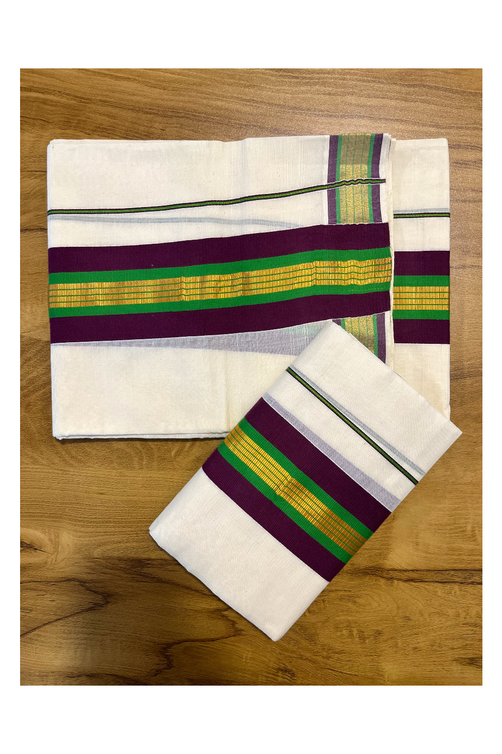 Kerala Cotton Kasavu Set Mundu (Mundum Neriyathum) with Purple and Green Border 2.80 Mtrs