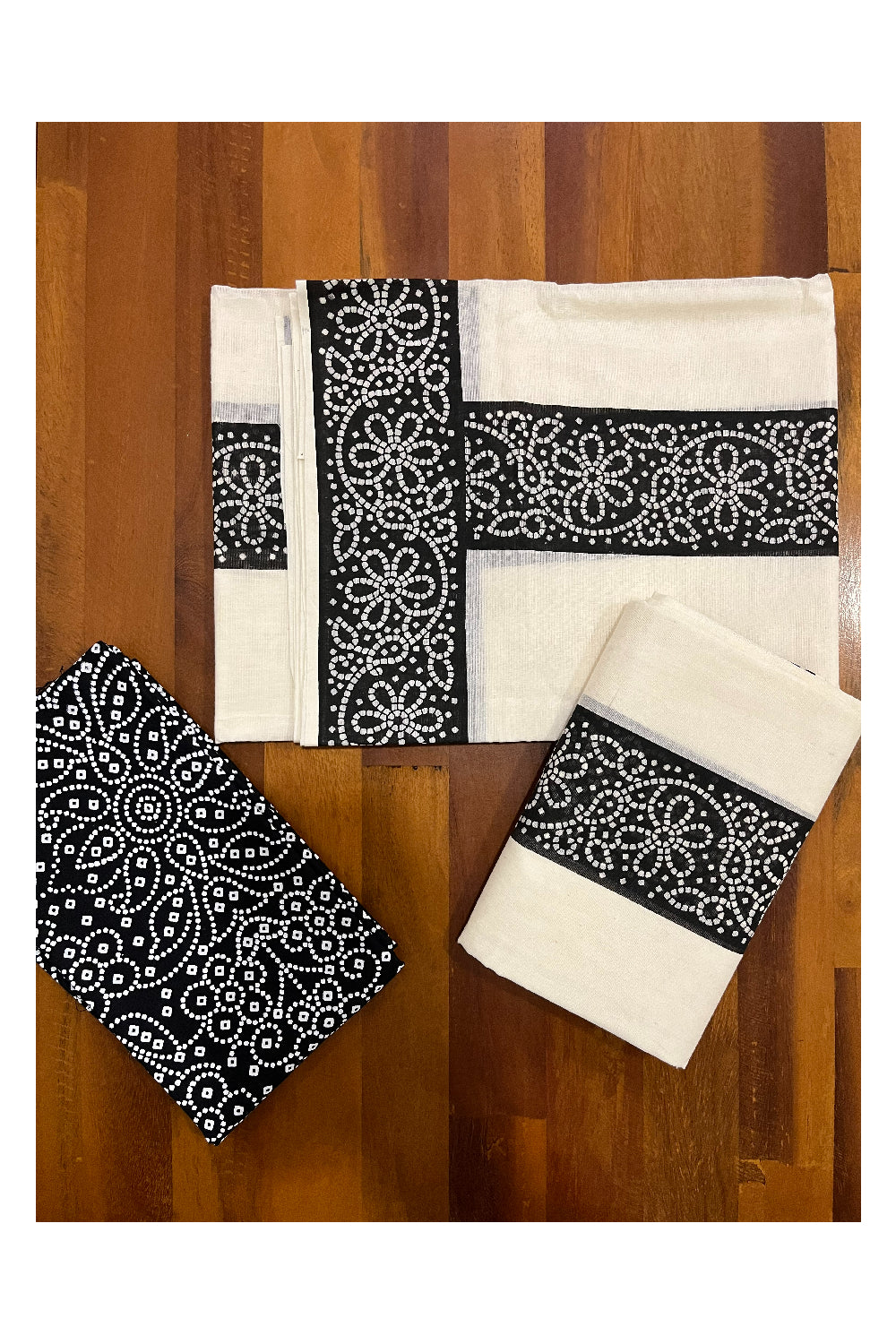 Kerala Cotton Set Mundu (Mundum Neriyathum) with Black Block Prints and Seperate Blouse Piece