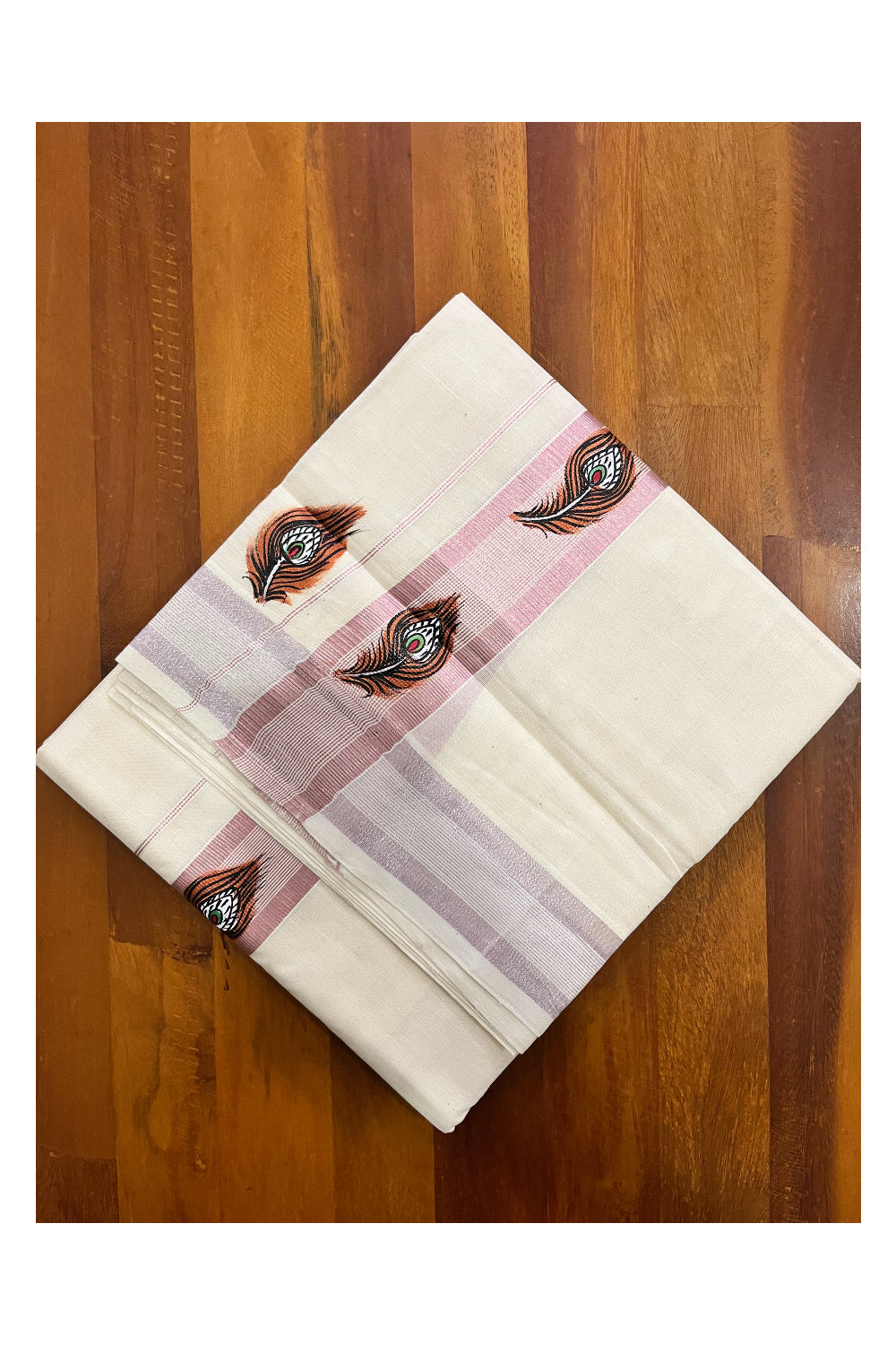 Pure Cotton Kerala Double Mundu with Rose Copper Kasavu Hand Painted Feather Design Border (South Indian Kerala Dhoti)