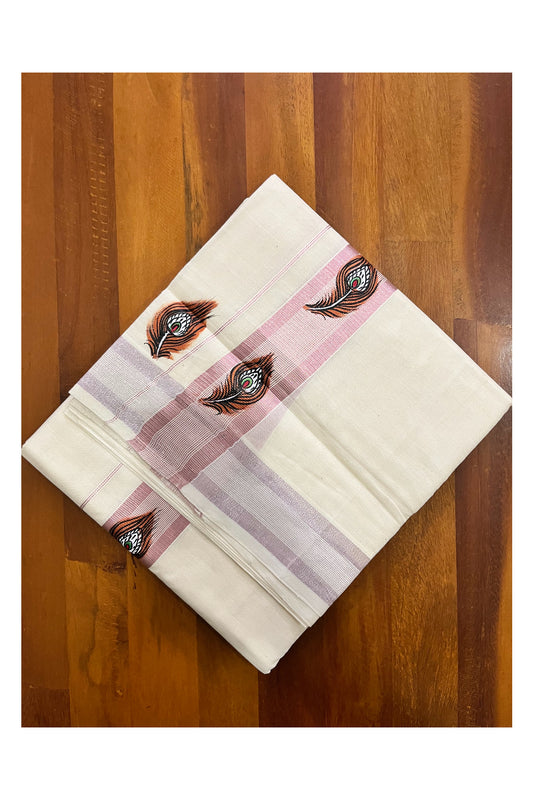 Pure Cotton Kerala Double Mundu with Rose Copper Kasavu Hand Painted Feather Design Border (South Indian Kerala Dhoti)