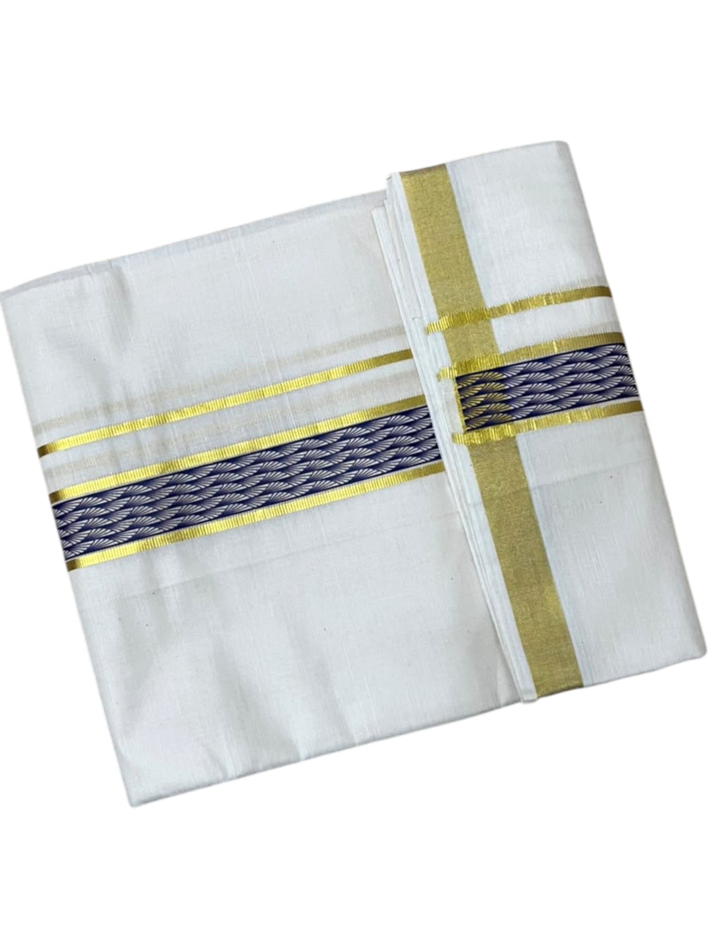 Southloom Pure Cotton Double Mundu with Blue Block Printed And Ksavu Border (South Indian Kerala Dhoti)