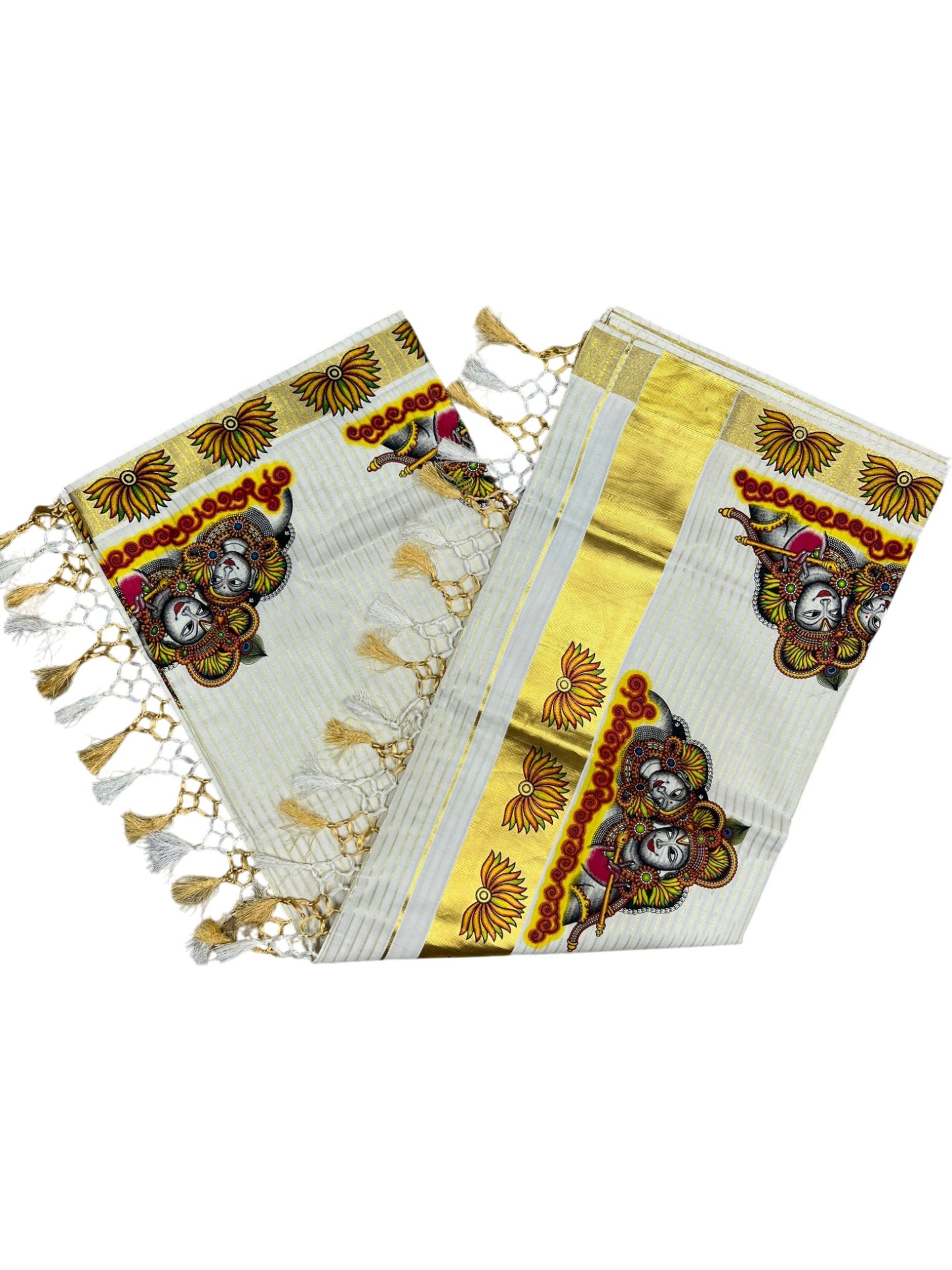 Southloom Pure Cotton Kerala Kasavu Lines Saree with Krishna Radha Mural Printed Art Design and Printed Border