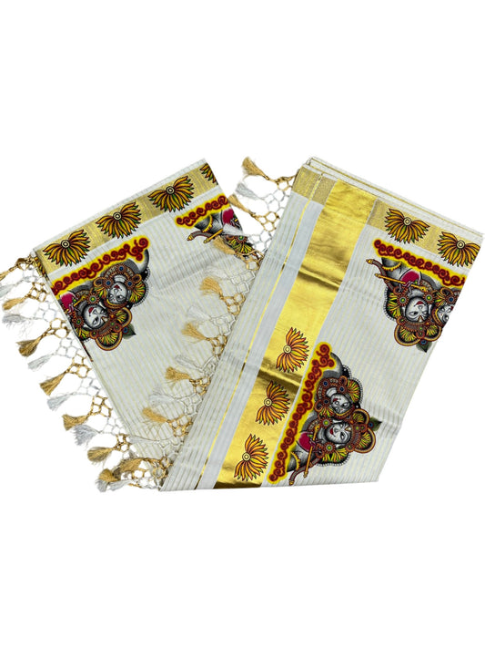 Southloom Pure Cotton Kerala Kasavu Lines Saree with Krishna Radha Mural Printed Art Design and Printed Border