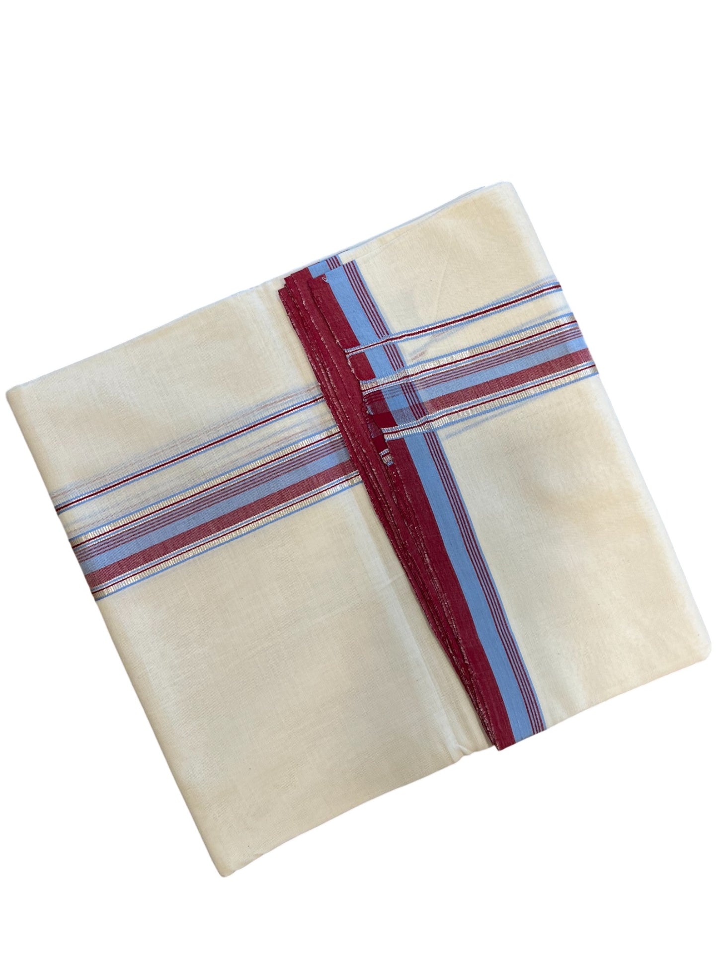 Southloom Premium Handloom Cotton Double Mundu with Blue and Maroon Border
