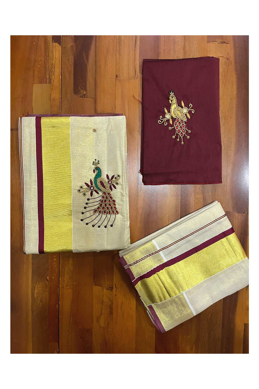 Kerala Tissue Kasavu Set Mundu (Mundum Neriyathum) with Bead Handwork Design and Maroon Blouse Piece