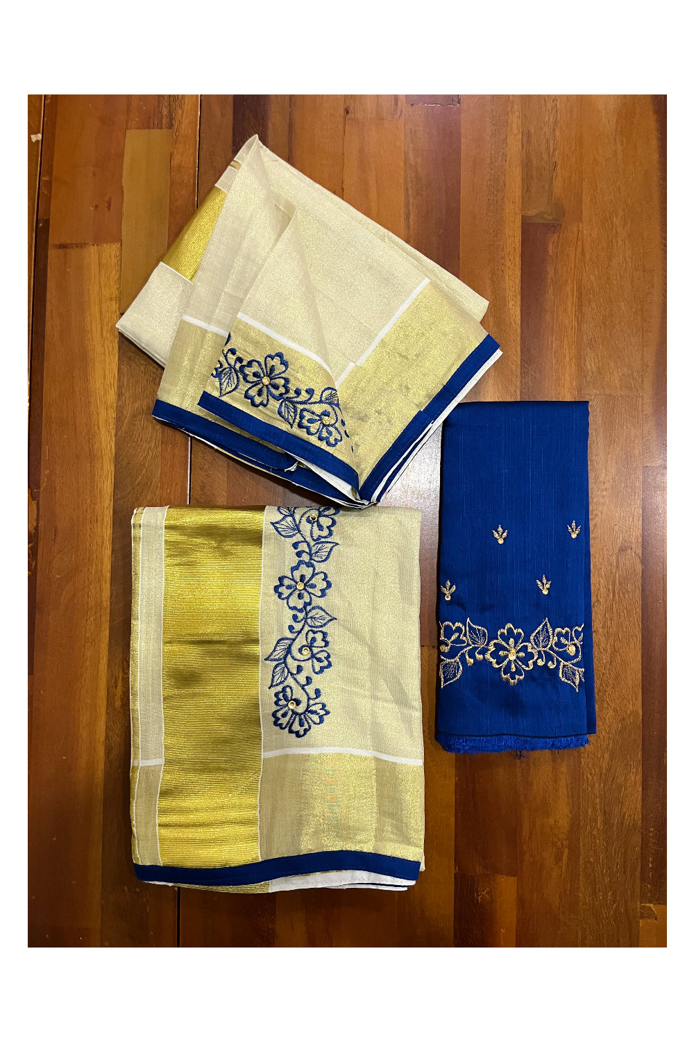 Kerala Tissue Kasavu Set Mundu (Mundum Neriyathum) with Handwork Embroidery Design and Blue Blouse Piece