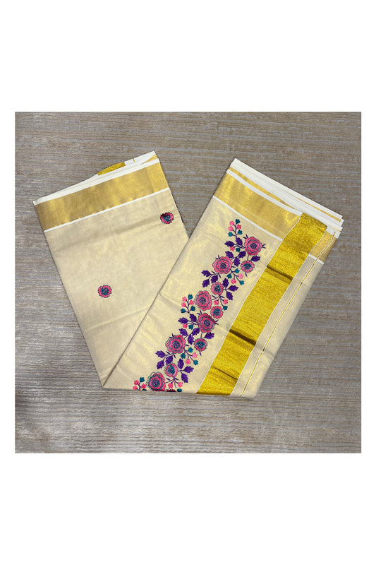 Southloom Tissue Kerala Kasavu Saree with Floral Embroidery Design