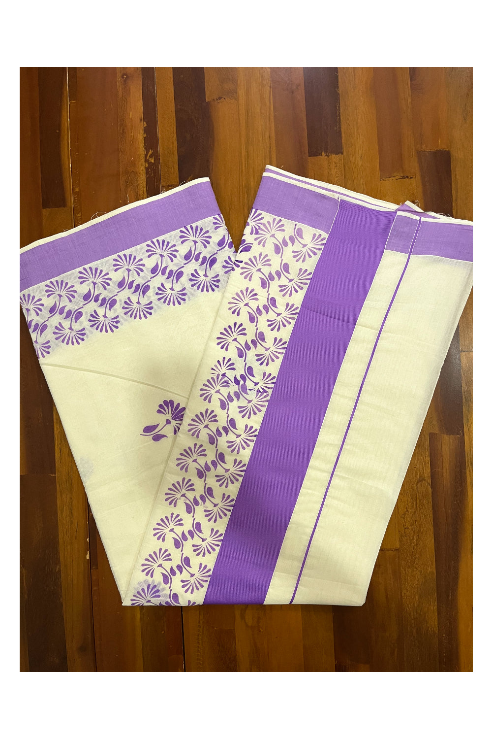 Kerala Pure Cotton Saree with Violet Block Prints on Border