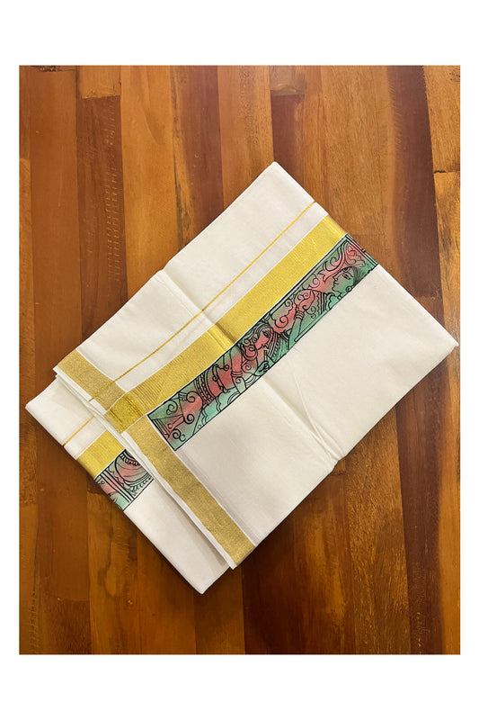 Pure Cotton Kerala Double Mundu with Hand Painted Designs on Kasavu Border (Vishu Collection 2024)