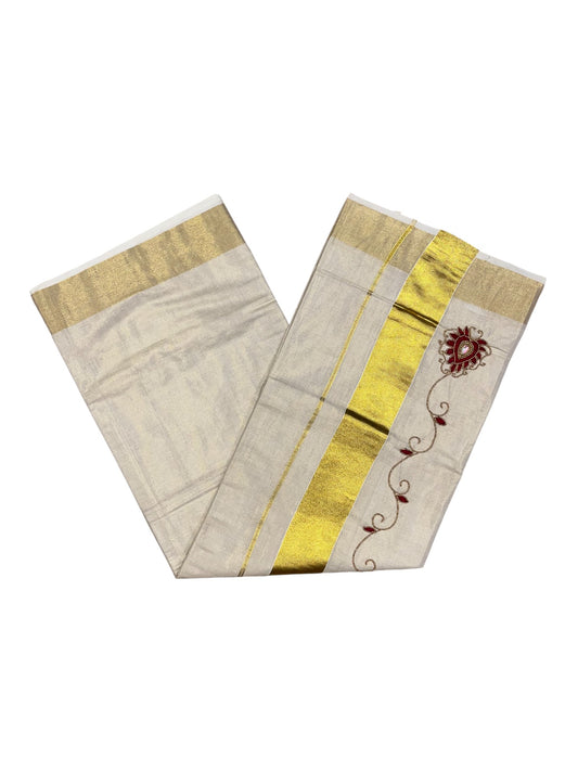 Kerala Tissue Kasavu Saree with Floral Embroidery and Sequins Work on Body