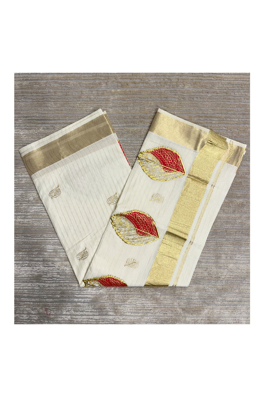 Southloom Kasavu Lines Saree with High Quality Embroidery Work in Kasavu and Reddish Pink