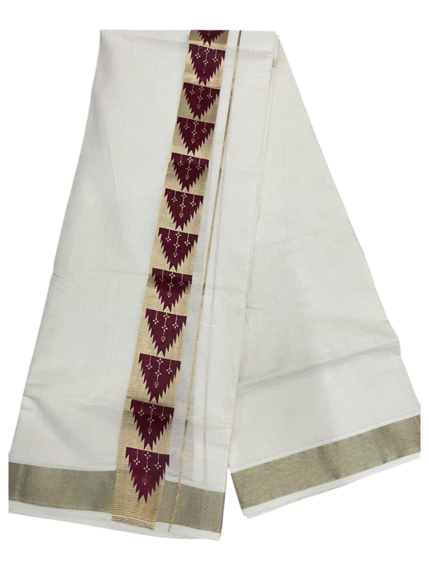 southloom Pure Cotton Double Mundu with Block Prints on Maroon Border (South Indian Dhoti)SL613