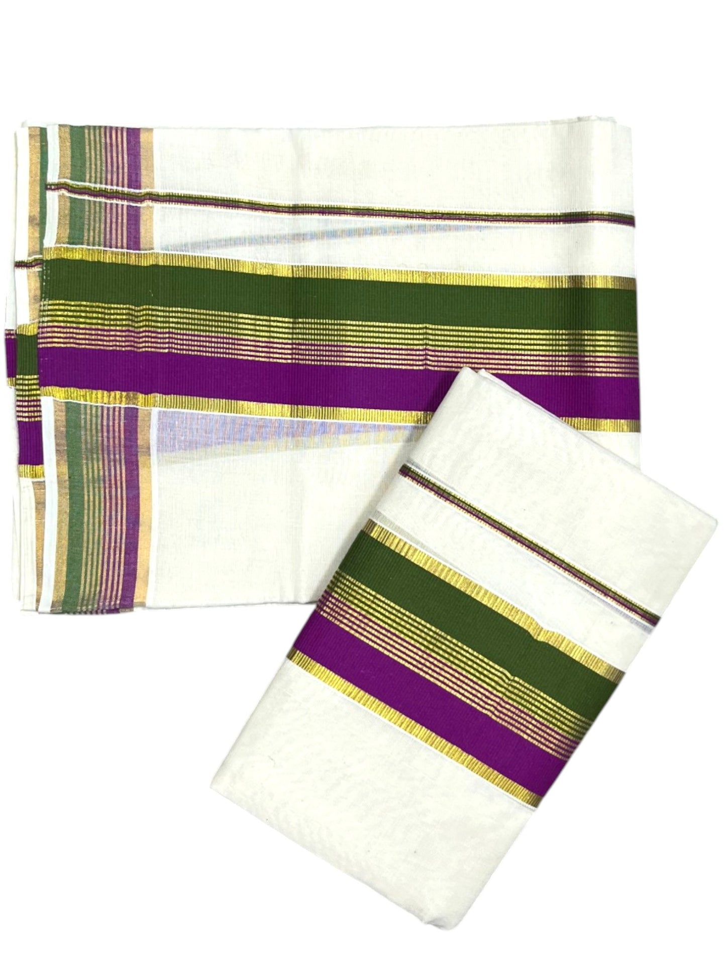 Southloom Kerala Cotton Kasavu Single Set Mundu (Mundum Neriyathum) with Olive Green And Magenta Kasavu Border SLKK