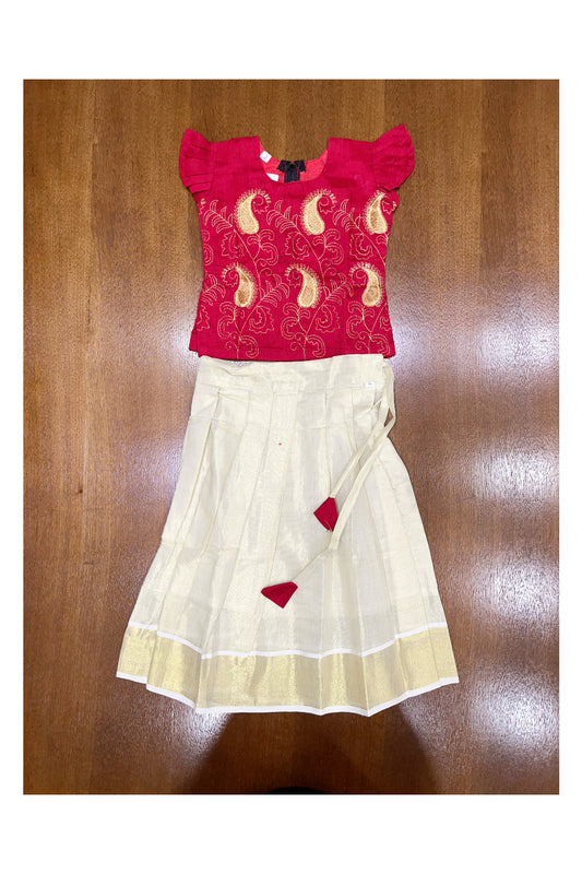 Southloom Kerala Red Pattupavada and Blouse with Embroidery Work (Age 1- 5)
