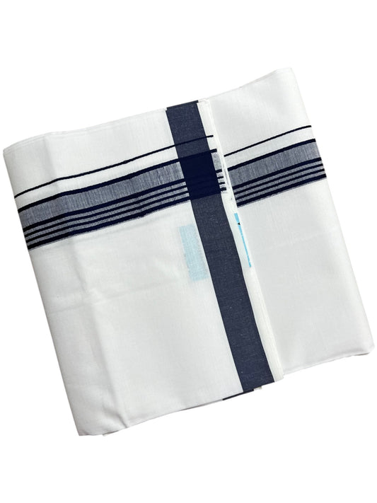 Southloom Pure White Cotton Mundu with Blue Lines Border (South Indian Kerala Dhoti)