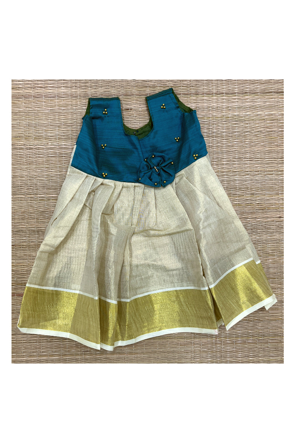 Southloom Kerala Tissue Frock with Green Bead Work Designs for Kids (1 Year)