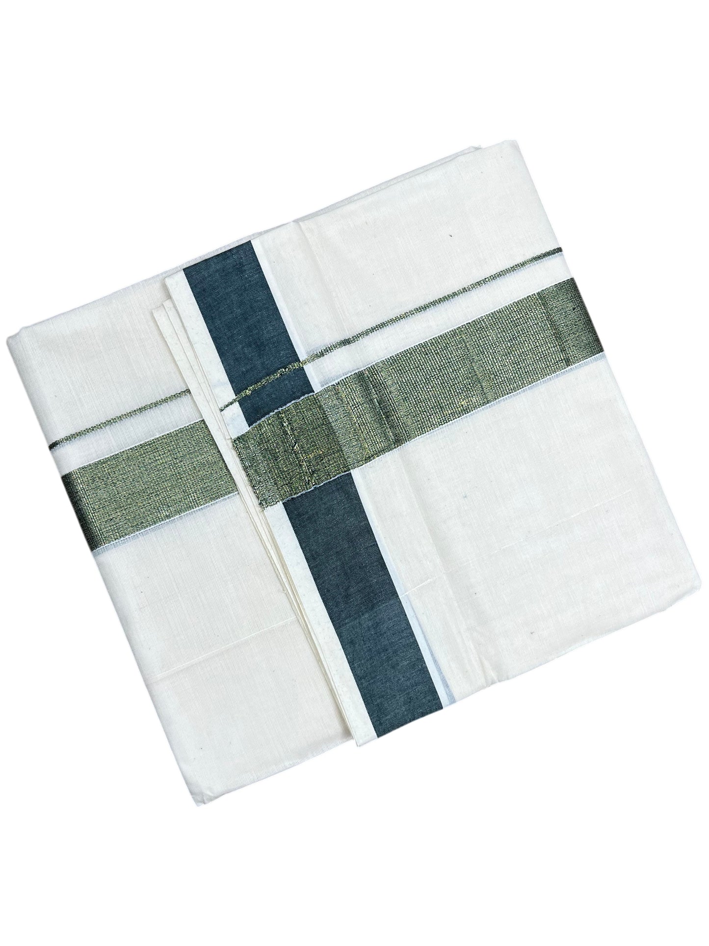 Southloom Kerala Pure Cotton Double Mundu with Green Border (South Indian Dhoti)