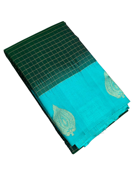 Southloom Premium Bridal Handloom Kanchipuram Silk Saree With Korvai Works (Blue & Green)