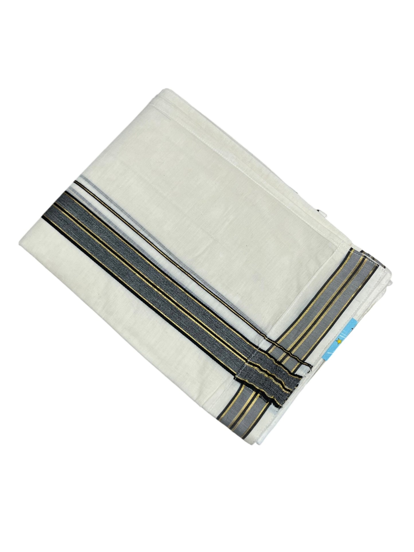 Southloom Kerala Cotton Velcro Double Mundu with Gray And Gold Kasavu Border (South Indian Kerala Dhoti)