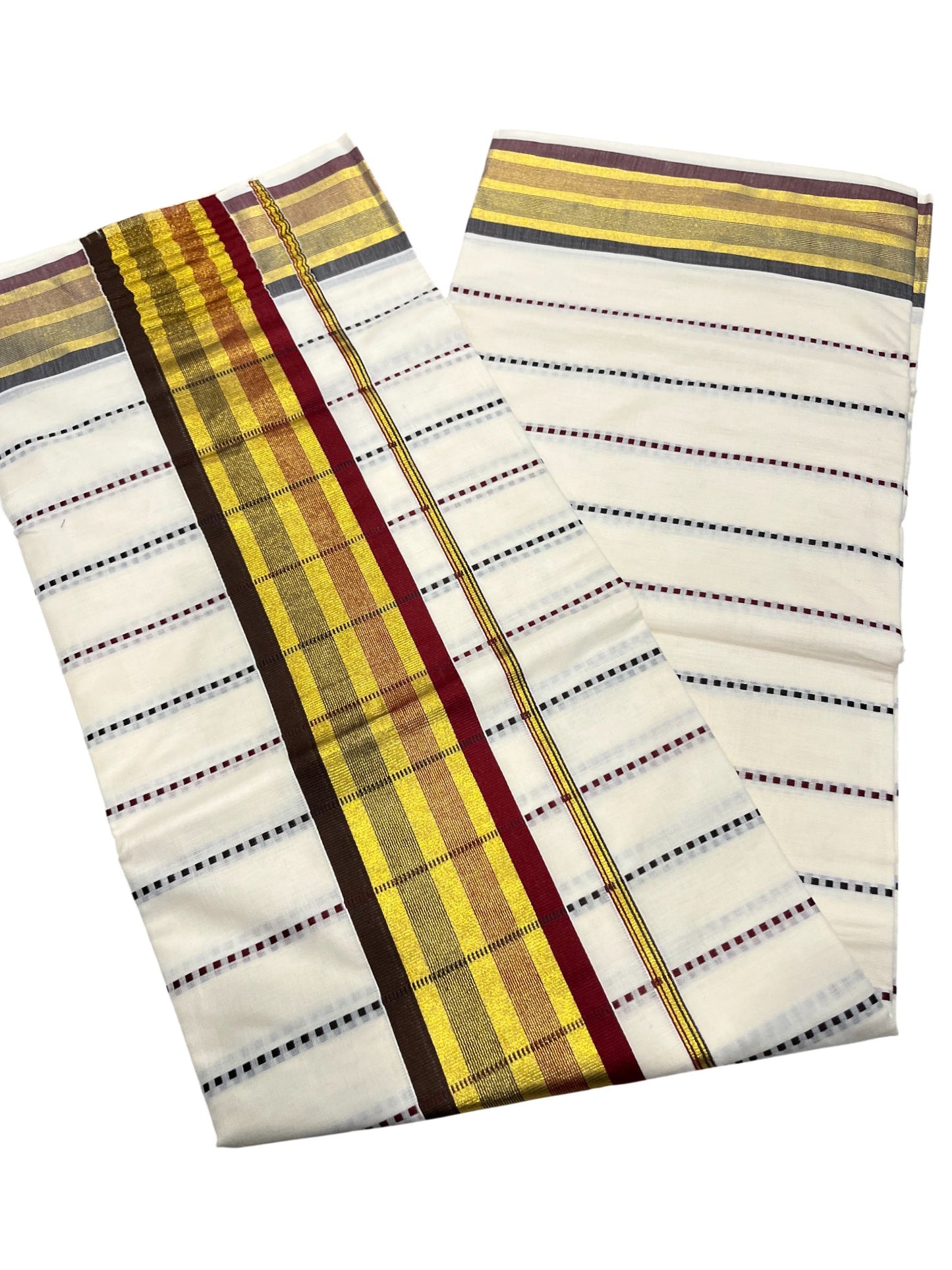 Southloom Cotton Kasavu Saree with Maroon and Brown Thread Work Across Body