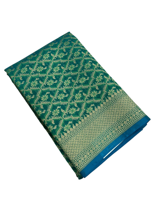 Southloom Cotton Banarasi Silk Saree with Woven Work on Body and Borders (Green & Blue)