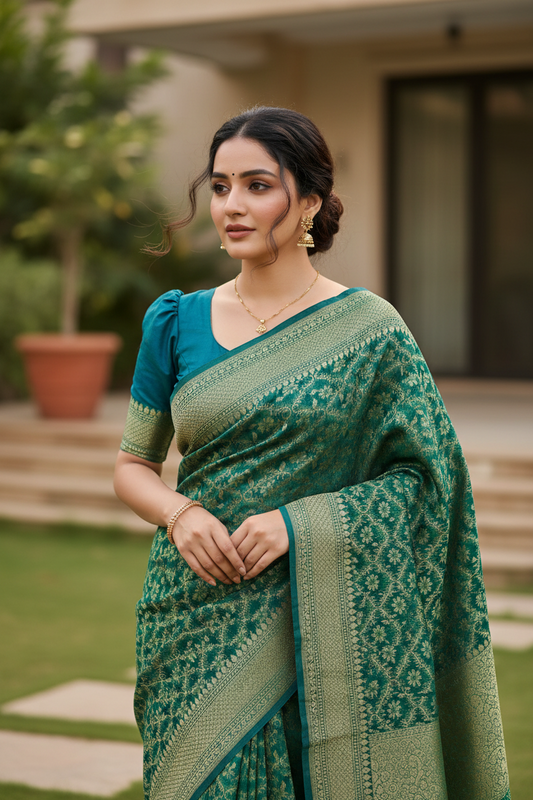 Southloom Cotton Banarasi Silk Saree with Woven Work on Body and Borders (Green & Blue)