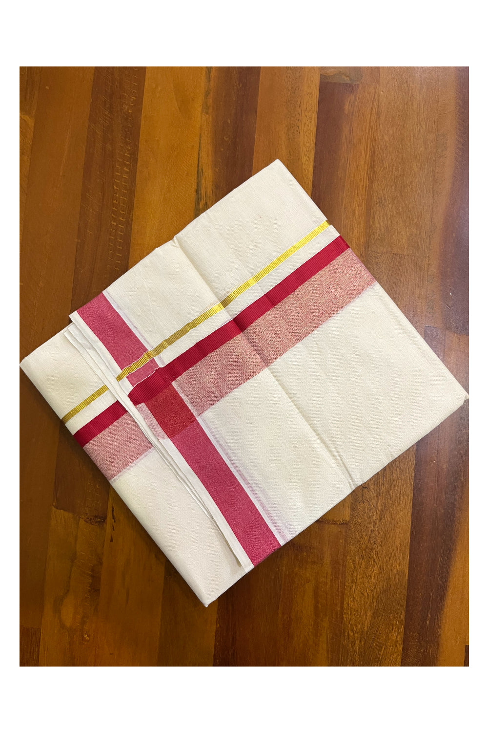 Kerala Pure Cotton Double Mundu with Red and Kasavu Border (South Indian Kerala Dhoti)