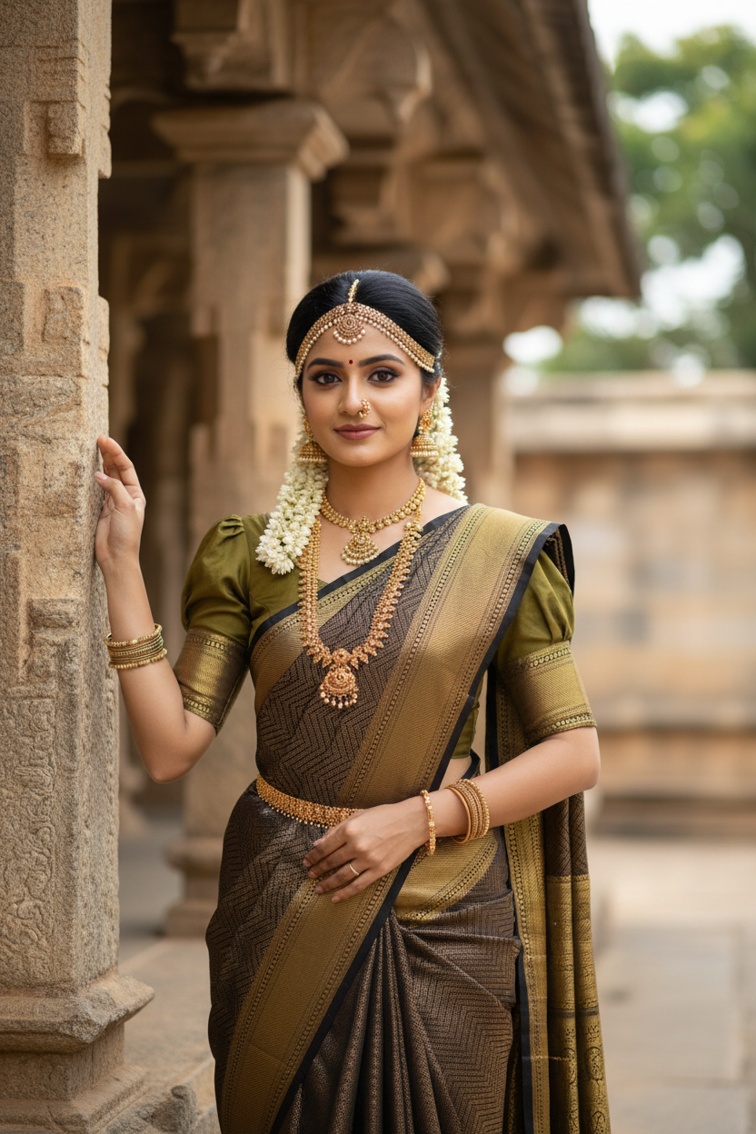Southloom Premium Semi Silk Zari Work Brocade Saree in Bridal Black with Matching Pallu