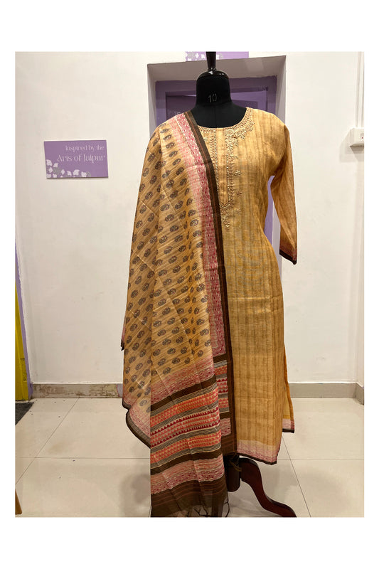 Southloom Stitched Chanderi Silk Salwar Set in Yellow Thread Works