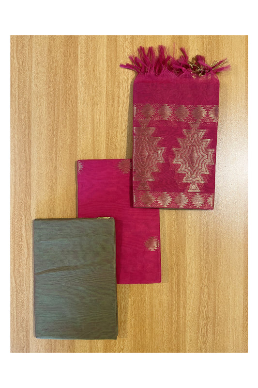 Southloom™ Cotton Semi Silk 3 Piece Green and Pink Salwar Material with Woven Zari Butta Work