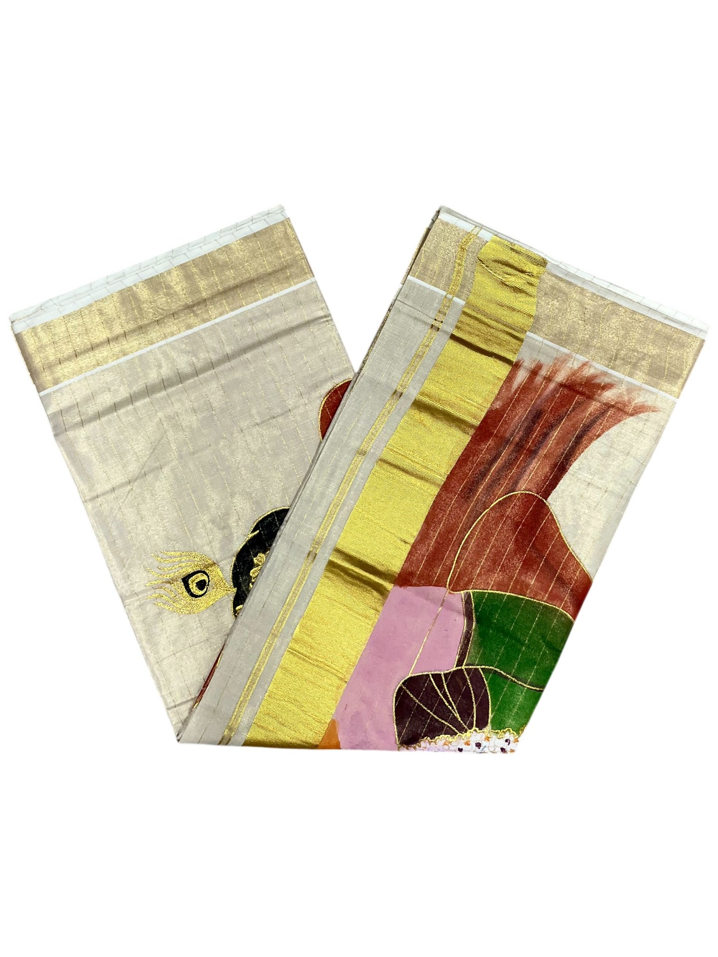 Southloom Tissue Kerala Kasavu Lines Saree with Hand Painted Embroidery Krishna & Yashodha Design SL283