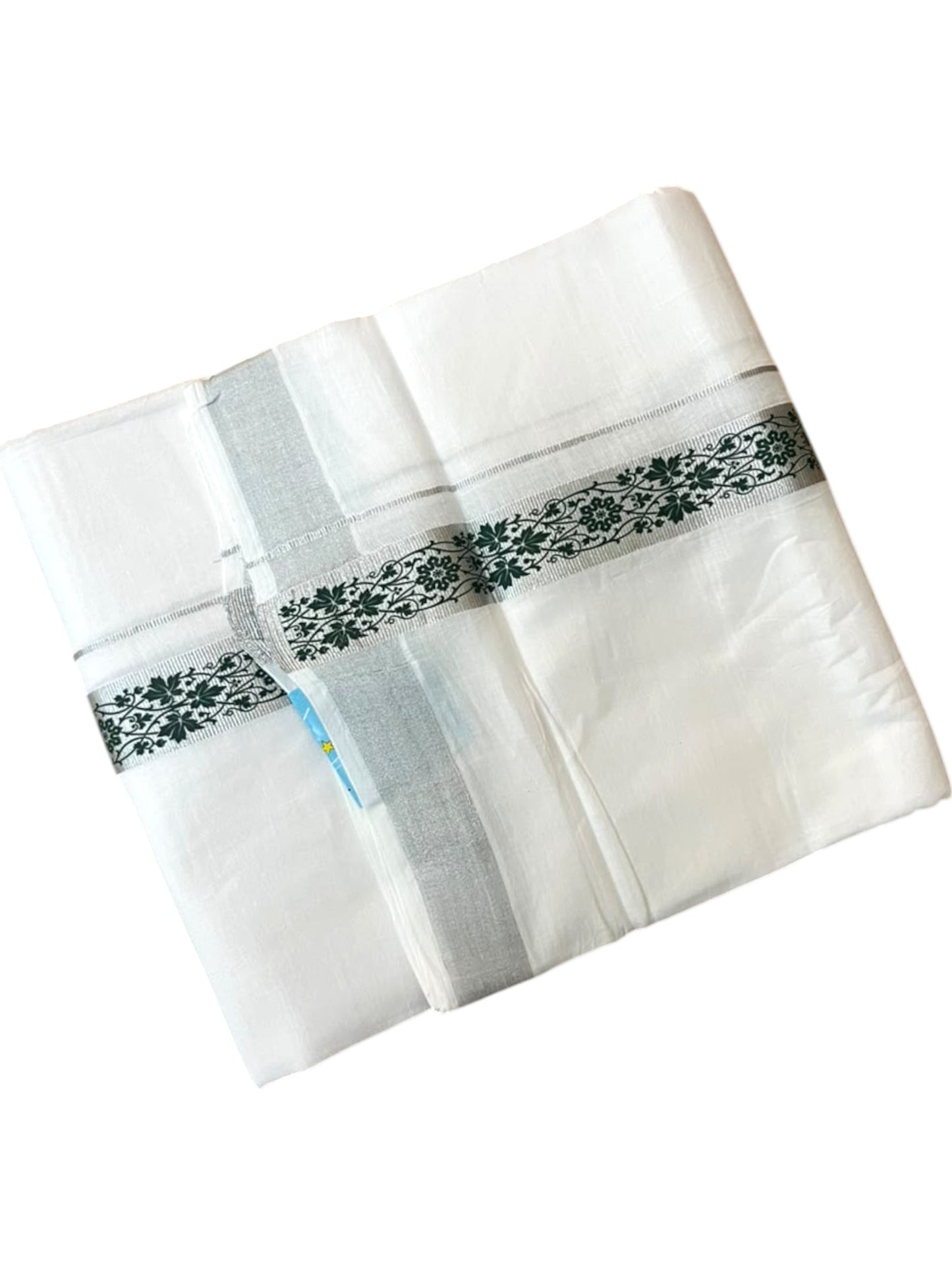 Southloom Pure White Cotton Mundu with Green and Silver Kasavu Border (South Indian Kerala Dhoti)