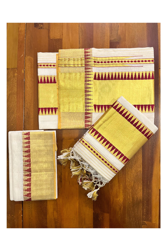 Southloom Super Premium Balaramapuram Handloom Unakkupaavu Cotton Wedding Pudava Set Mundu with Maroon Temple Border