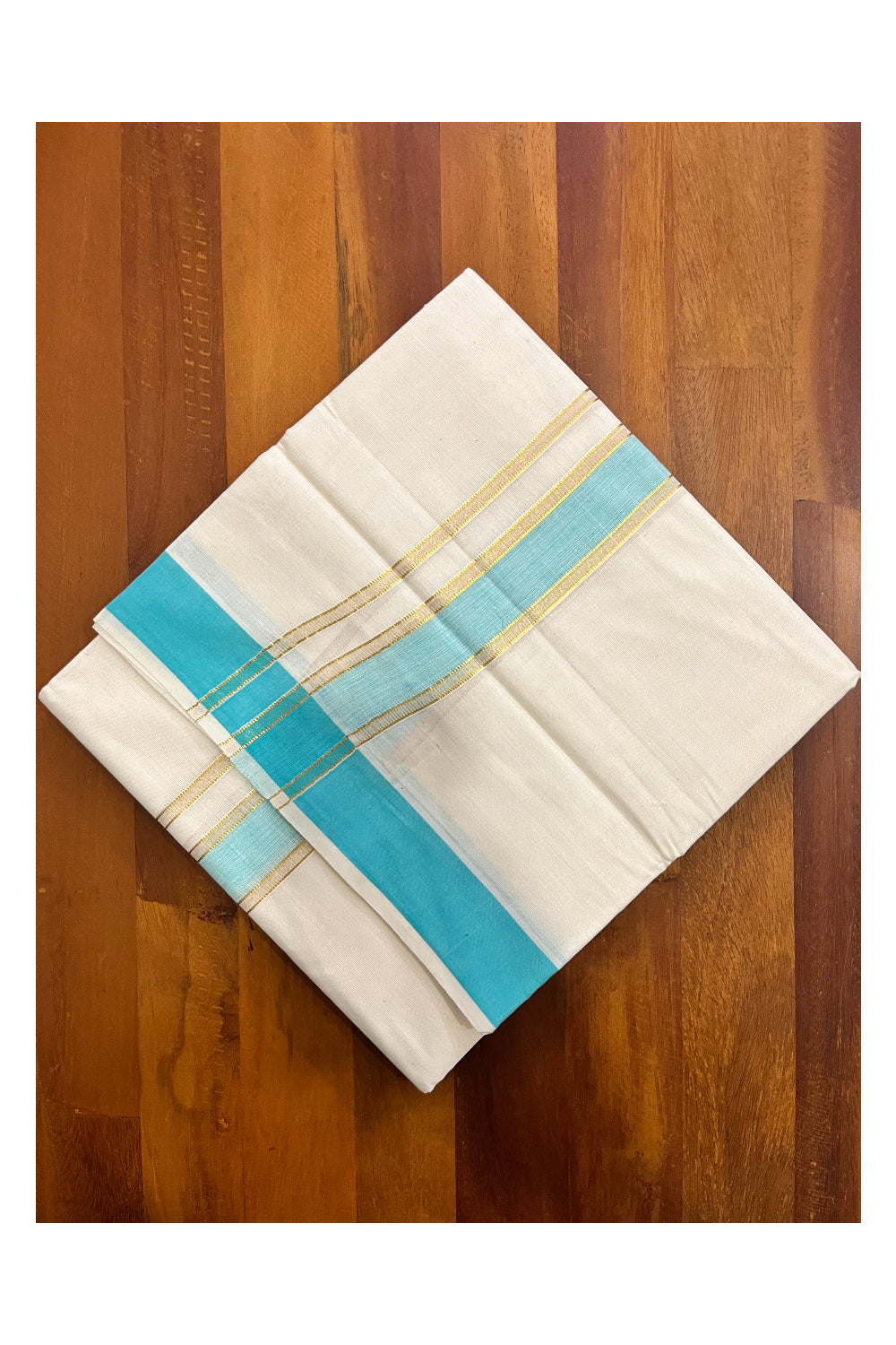 Off White Kerala Cotton Double Mundu with Kasavu and Turquoise Border (South Indian Kerala Dhoti)