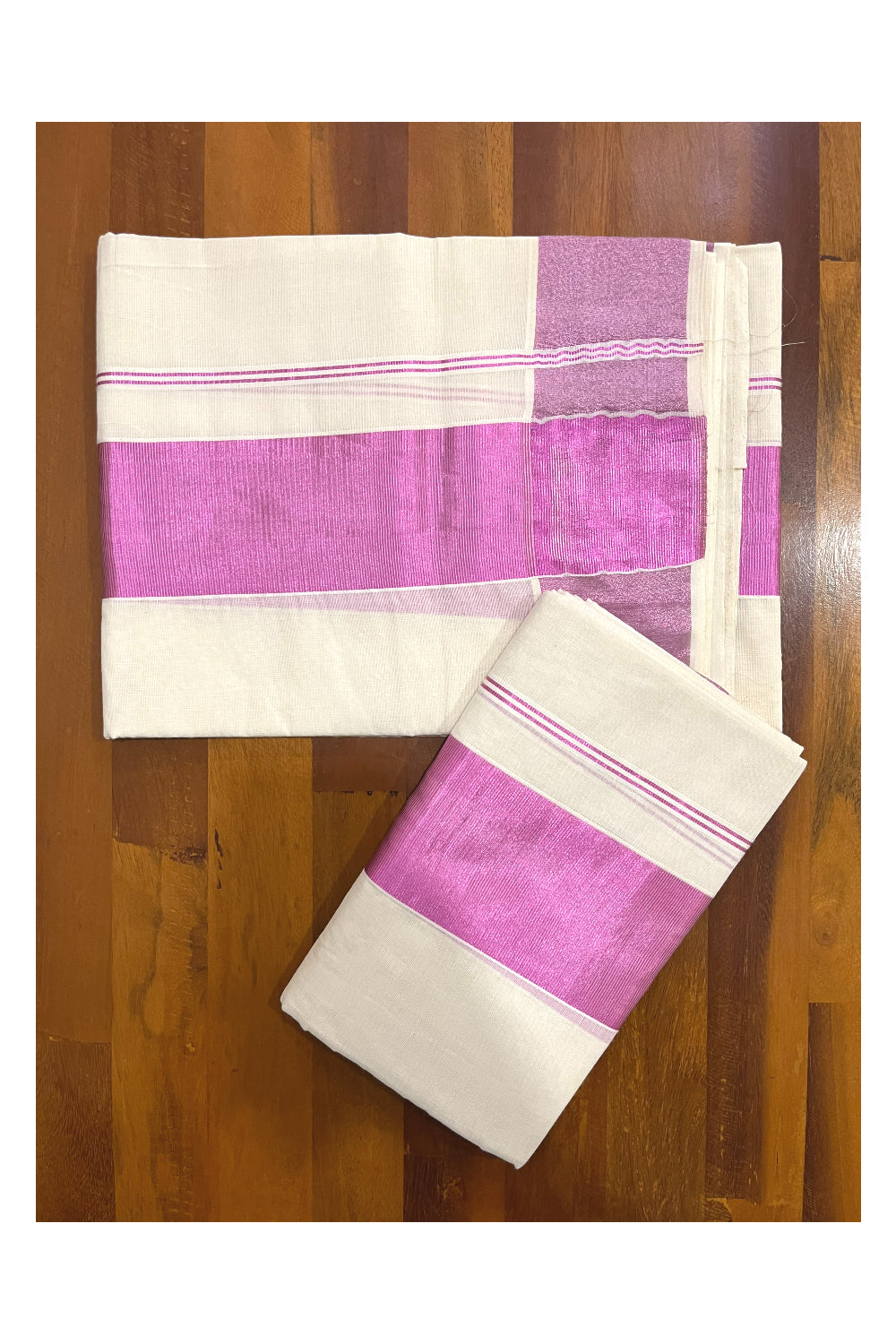 Pure Cotton Mundum Neriyathum Single (Set Mundu) with 3 Inch Pink Kasavu Kara 2.80 Mtrs