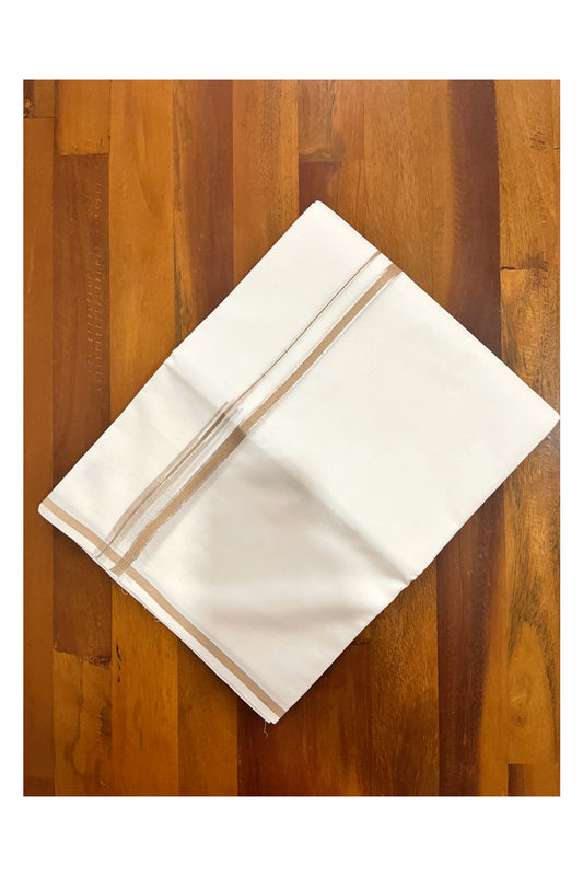 Pure White Cotton Double Mundu with Silver Kasavu and Brown Puliyilakkara Border (South Indian Kerala Dhoti)