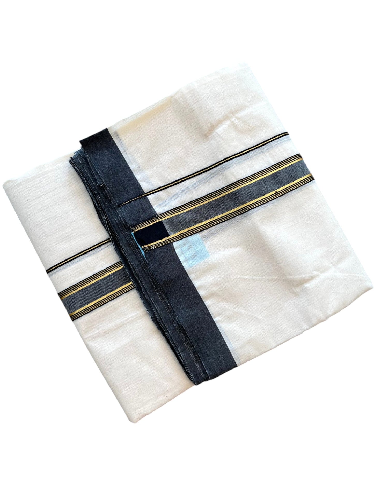 Southloom Pure Cotton Mundu with Golden Lines and Black Border (South Indian Kerala Dhoti)